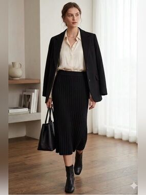 Gentle Herd Black Ribbed Stretch 100% Cashmere Knit Midi Skirt XS